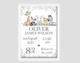 Personalised Safari Animal Zoo Jungle Decor Boy Print Unframed Birth Gift New Baby Keepsake Lion Elephant Giraffe Zebra - thumbnail 1