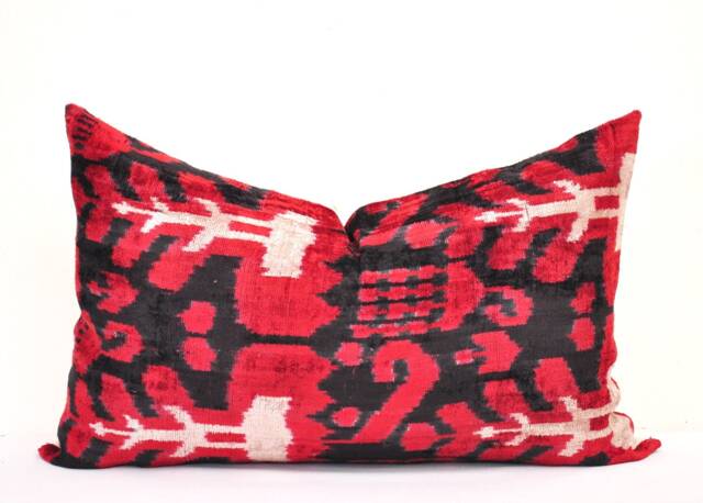 Handmade Silk Velvet Ikat Pillow Cover, Indian Red - image 1