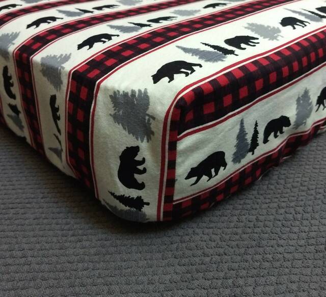 Buffalo Check Crib Sheet Bear Forest Cabin Nursery, Cotton Or Flannel - image 1