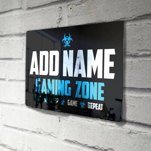 Personalised Metal Mirror Blue Gamer Sign - Customised Printed Wall Art Plaque Gaming Zone Caution - image 1