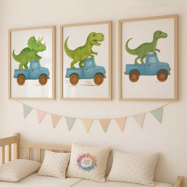 Dinosaur Truck Wall Art - Set Of 3 Prints - Fun Nursery Decor For Boys Dino in Digger, Tractor & Gift Kids Room - image 1