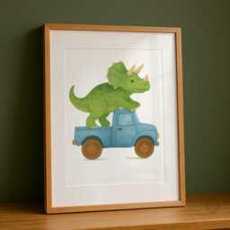Dinosaur Truck Wall Art - Set Of 3 Prints - Fun Nursery Decor For Boys Dino in Digger, Tractor & Gift Kids Room - thumbnail 3