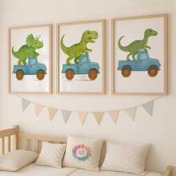 Dinosaur Truck Wall Art - Set Of 3 Prints - Fun Nursery Decor For Boys Dino in Digger, Tractor & Gift Kids Room - thumbnail 1