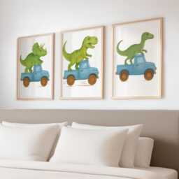 Dinosaur Truck Wall Art - Set Of 3 Prints - Fun Nursery Decor For Boys Dino in Digger, Tractor & Gift Kids Room - thumbnail 2