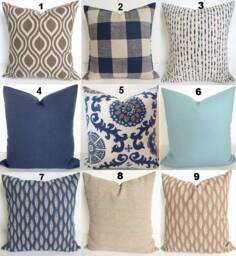 Blue Throw Pillows Denim Throw Pillow Covers Navy Blue Tan Farmhouse Pillows & Tan Pillows 16x16 18 20 All Sizes - thumbnail 1