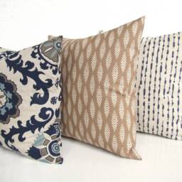 Blue Throw Pillows Denim Throw Pillow Covers Navy Blue Tan Farmhouse Pillows & Tan Pillows 16x16 18 20 All Sizes - thumbnail 3