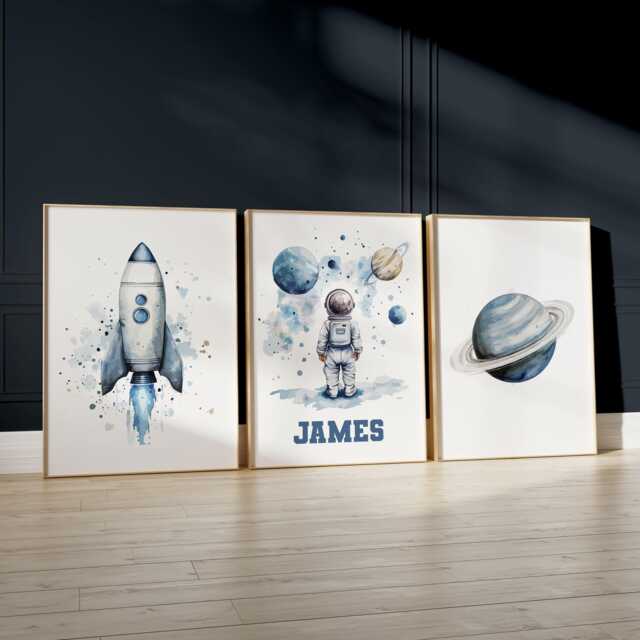 Space Nursery Decor Set Of 3 Wall Art For Boys Personalised Watercolour Prints Astronaut Son - image 1