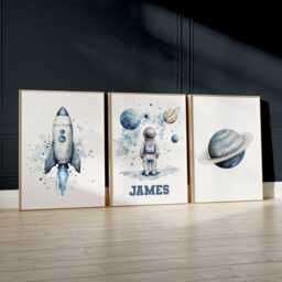 Space Nursery Decor Set Of 3 Wall Art For Boys Personalised Watercolour Prints Astronaut Son - thumbnail 1