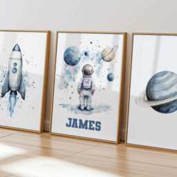 Space Nursery Decor Set Of 3 Wall Art For Boys Personalised Watercolour Prints Astronaut Son - thumbnail 3