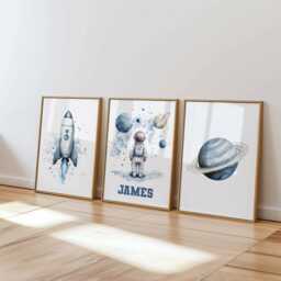 Space Nursery Decor Set Of 3 Wall Art For Boys Personalised Watercolour Prints Astronaut Son - thumbnail 2