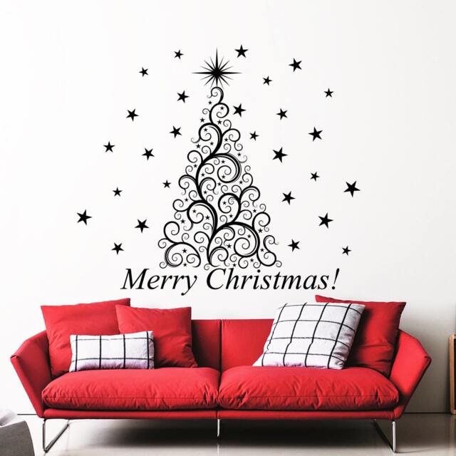 Merry Christmas Wall Decals Tree Decal Star Vinyl New Year Sticker Holiday Decoration Art Interior Home Design Window Door - Ma303 - image 1