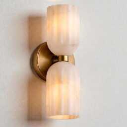 Handmade Alabaster Wall Sconce, Double Brass Light, Natural Stone Bathroom Luxury G9 Lamp, Custom Size - thumbnail 2