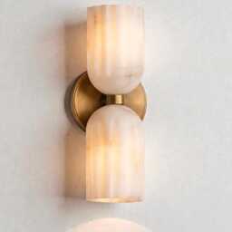 Handmade Alabaster Wall Sconce, Double Brass Light, Natural Stone Bathroom Luxury G9 Lamp, Custom Size - thumbnail 3