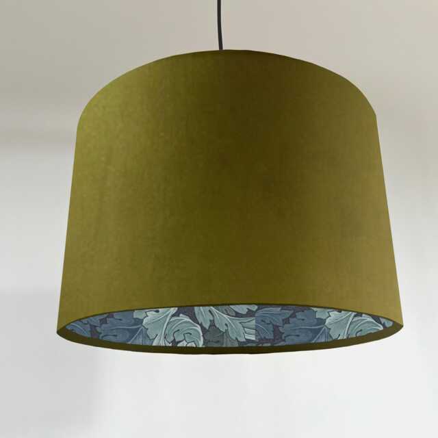 Olive Velvet Drum Lampshade, Double Sided Lampshade With Acanthus Blue Leaves Paper Interior, William Morris - image 1