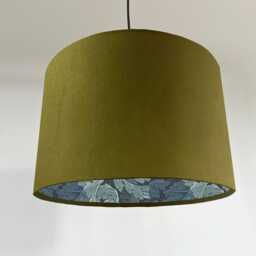 Olive Velvet Drum Lampshade, Double Sided Lampshade With Acanthus Blue Leaves Paper Interior, William Morris - thumbnail 1