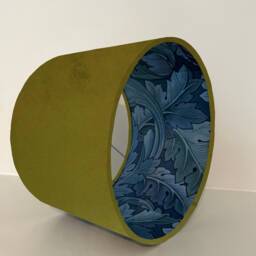 Olive Velvet Drum Lampshade, Double Sided Lampshade With Acanthus Blue Leaves Paper Interior, William Morris - thumbnail 2