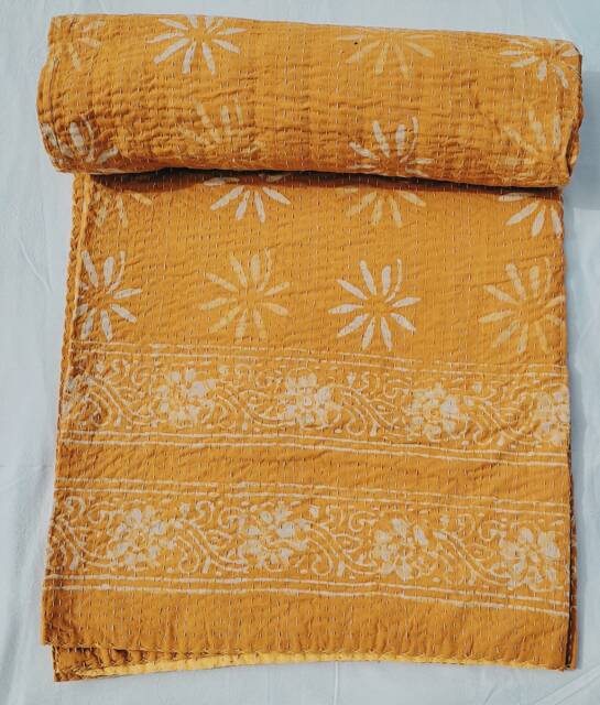 Mustard Yellow Indian Block Print Kantha Quilt, Handmade Floral Cotton Blanket, Bedspread, Boho Reversible Bedding Throw
