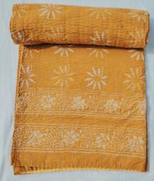 Mustard Yellow Indian Block Print Kantha Quilt, Handmade Floral Cotton Blanket, Bedspread, Boho Reversible Bedding Throw - thumbnail 1