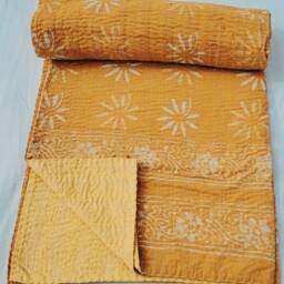 Mustard Yellow Indian Block Print Kantha Quilt, Handmade Floral Cotton Blanket, Bedspread, Boho Reversible Bedding Throw - thumbnail 2