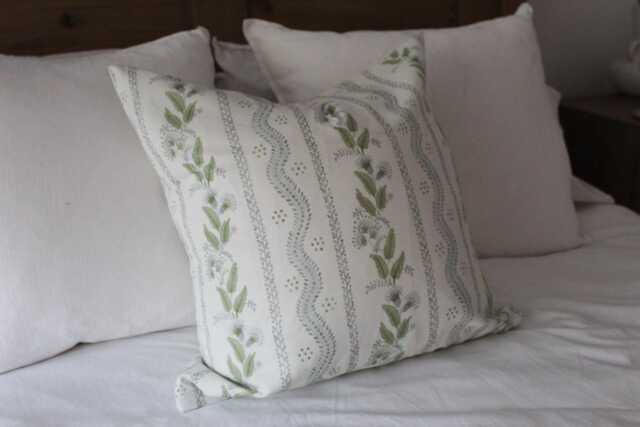 Floral Cotton Cushion With Duck Feather Insert 50x50cm, Green Leaf Print Throw Pillow Cover, White Country Linen Cushions & Decor - image 1