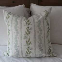 Floral Cotton Cushion With Duck Feather Insert 50x50cm, Green Leaf Print Throw Pillow Cover, White Country Linen Cushions & Decor - thumbnail 2