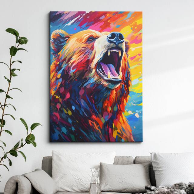 Colorful Grizzly Bear Animal Abstract Oil Painting Splatter Style Wall Art, Framed Canvas Poster Print, Home Kitchen Office Room Decor Gifts - image 1
