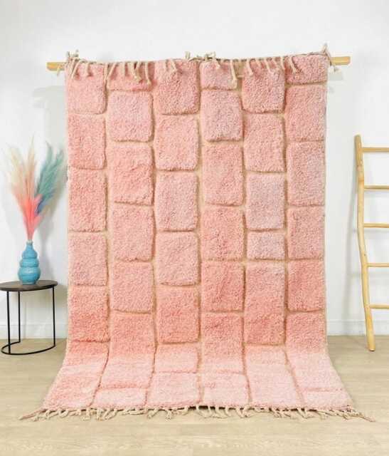 Pink Checkered Moroccan Rug - Soft Shag Area Carpet Hand Tufted Berber Wool Modern Boho Decor - image 1