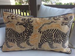 Tibet Dragon Pillow Cover, Clarence House Mustard Velvet With Charcoal Back