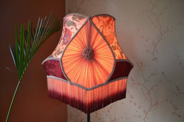 Hand Stitched Peach Lampshade Victorian Style With Rayon Fringe - image 1