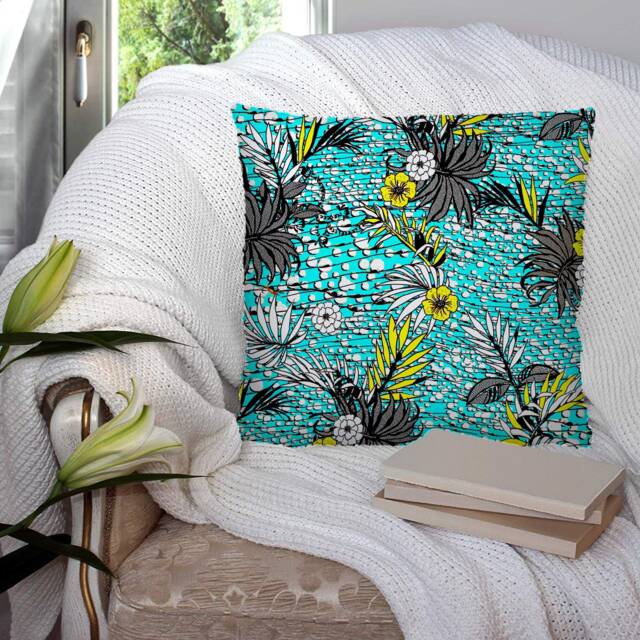 Blue Flower Tropical Leaves Pattern Red - Bright Super Soft Decorative Pillow Throw Cushion Case Cover Or With Filling Luxury Velvet