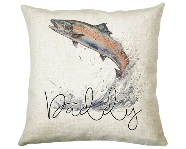 Personalised Fathers Day Gift Leaping Salmon Cushion Printed Name Design - Throw Pillow For Fishing Lover Fisherman Cs550 - image 1