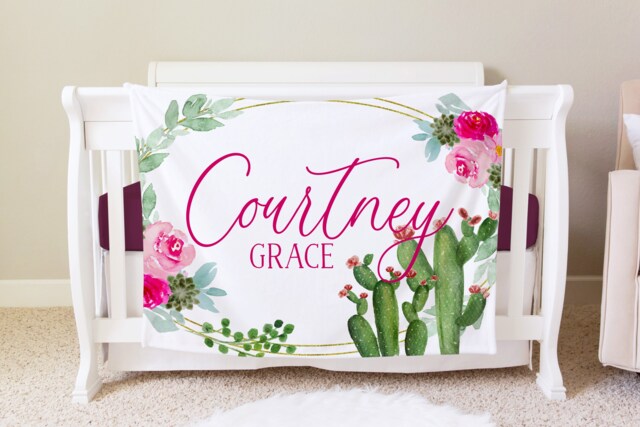 Cactus Personalized Baby Blanket, Custom Shower Gift, Nursery Crib Toddler Blanket - image 1