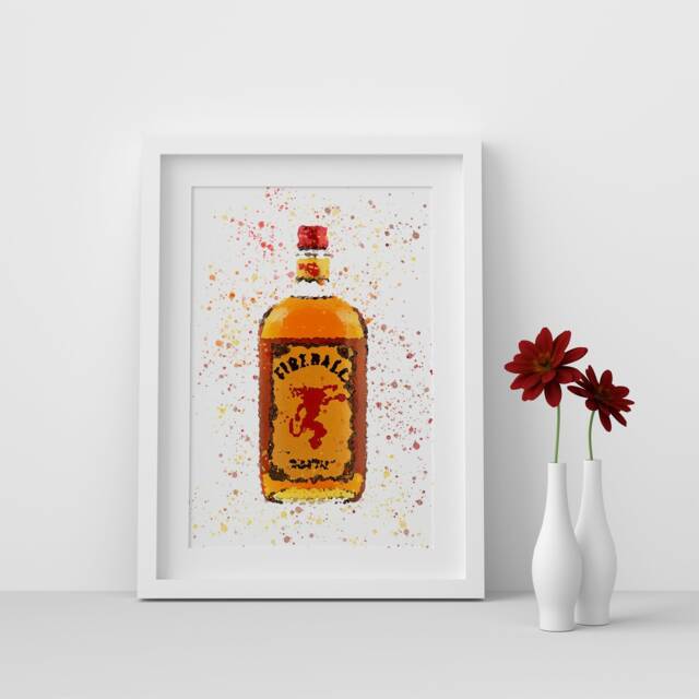 Fireball Cinnamon Whiskey Bottle Watercolour Splash A3, A4, 10x8, 8x6, 5x7 & 4x6 Wall Art Prints
