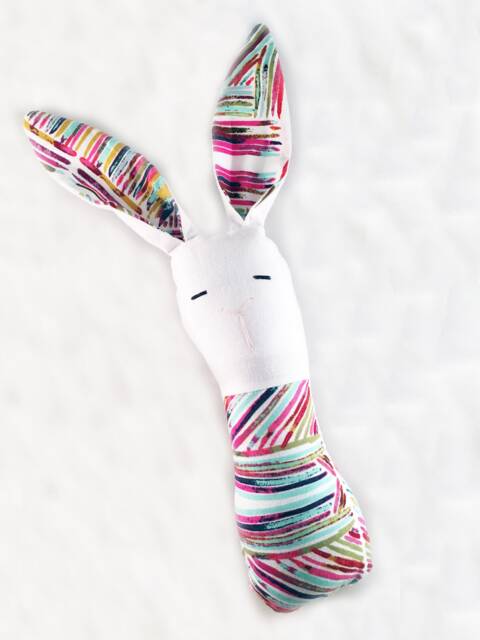 Crinkle Ears Bunny Rattle - Multicolored Pink Teal Blue Green Black Brush Stroke with White Face & Jingle Ball - image 1