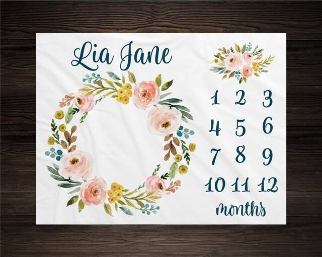 Girl Milestone Blanket Personalized Monthly Growth Tracker Custom Baby Shower Gift For New Mom Watercolor Floral Newborn Nursery - image 1