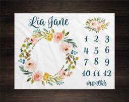 Girl Milestone Blanket Personalized Monthly Growth Tracker Custom Baby Shower Gift For New Mom Watercolor Floral Newborn Nursery - thumbnail 1