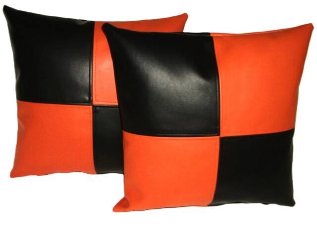 "2 Black & Orange Check Faux Leather Cushion Covers 16"" 18"" 20" - image 1