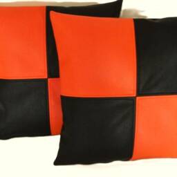 "2 Black & Orange Check Faux Leather Cushion Covers 16"" 18"" 20" - thumbnail 2