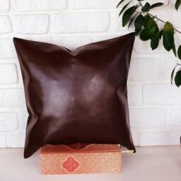 Dark Brown Faux Leather Pillow Cover Modern Scandinavian Decor - thumbnail 3