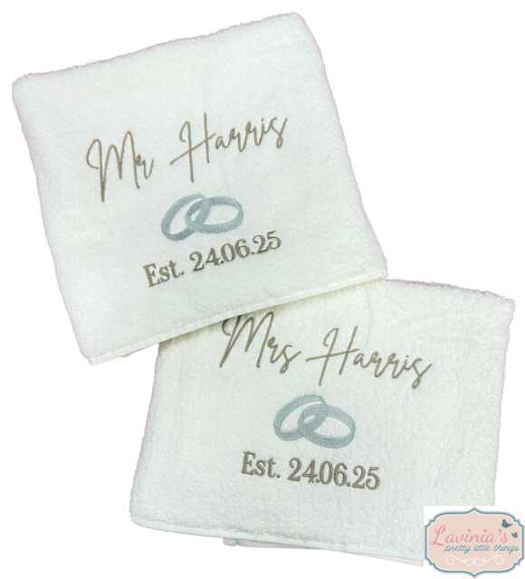 Embroidered Wedding Towel, Personalised Name & Date, Rings Design - image 1