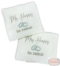 Embroidered Wedding Towel, Personalised Name & Date, Rings Design - thumbnail 1