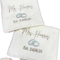 Embroidered Wedding Towel, Personalised Name & Date, Rings Design - thumbnail 3
