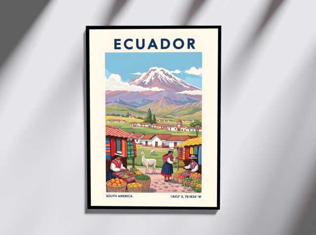 Ecuadorian Market Scene Poster Vintage Gouache Travel Art - image 1