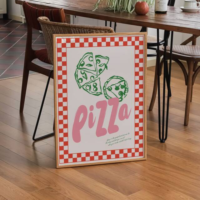 Checkerboard Pizza Print, Wall Art, A3, A4, Colourful Retro Prints, Check Trendy Poster, Food & Drink Decor - image 1