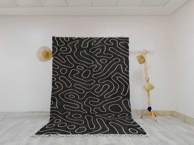 Handwoven Beni Ourain Wool Rug - Modern Black With Abstract Beige Line Design, Moroccan Boho Minimalist Area - image 1