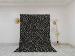 Handwoven Beni Ourain Wool Rug - Modern Black With Abstract Beige Line Design, Moroccan Boho Minimalist Area - thumbnail 1