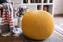 Yellow Pouf Stuffed, Crochet Nursery Floor Pillow, Ottoman Pouf, Round Footstool, Nursery Living Room Decor, Knitted Round