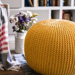 Yellow Pouf Stuffed, Crochet Nursery Floor Pillow, Ottoman Pouf, Round Footstool, Nursery Living Room Decor, Knitted Round - thumbnail 3