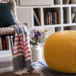 Yellow Pouf Stuffed, Crochet Nursery Floor Pillow, Ottoman Pouf, Round Footstool, Nursery Living Room Decor, Knitted Round - thumbnail 4