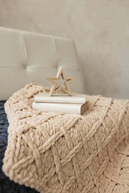 Beige Knit Blanket, Handmade Light Brown Boho Home Decor, White Leather Armchair Cover Throw With Diamonds - image 1